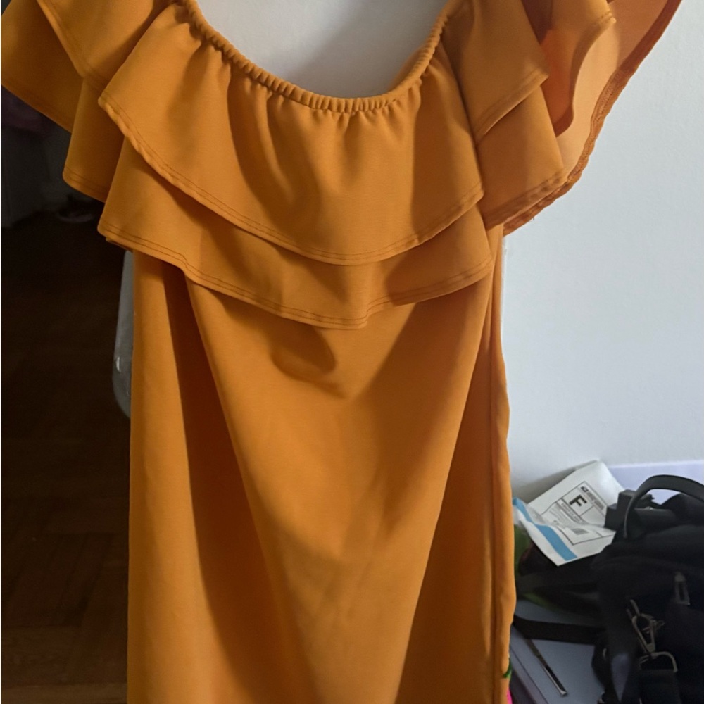 Ruffled Off-Shoulder Dress in Mustard Yellow